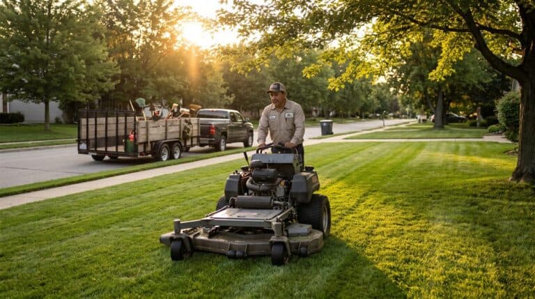 Landscaper mowing a striped suburban lawn with an equipment trailer at the curb