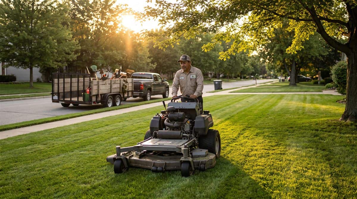 Landscaper mowing a striped suburban lawn with an equipment trailer at the curb