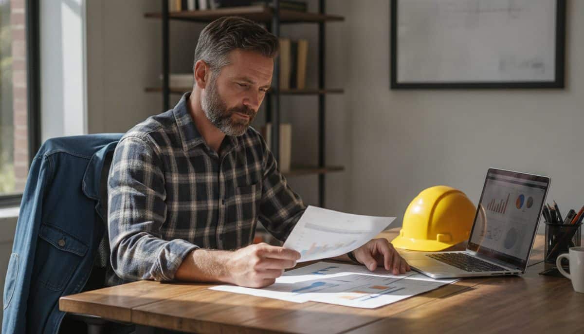 Contractor weighing an LLC vs S-Corp decision over documents and a laptop at a home office desk