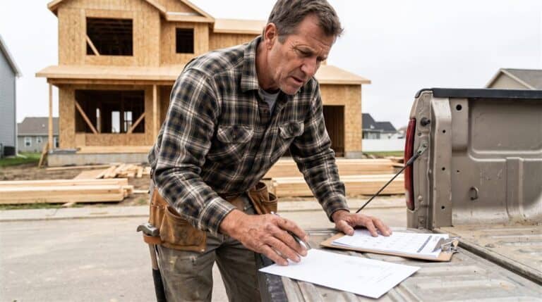 Framing contractor at a truck tailgate on a jobsite checking a date on a paper notice, the kind of record mechanics lien contractors depend on