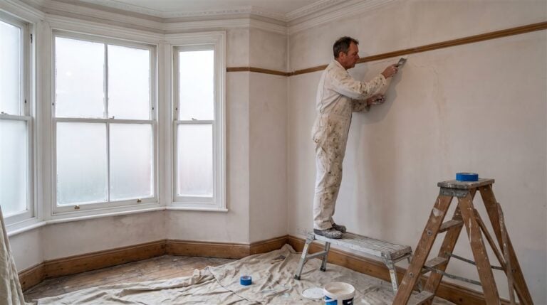 Decorator filling a wall crack above the picture rail in a UK Victorian front room