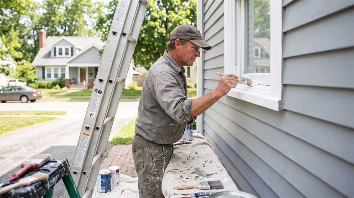 House painter cutting in trim on the exterior of a suburban home beside a ladder