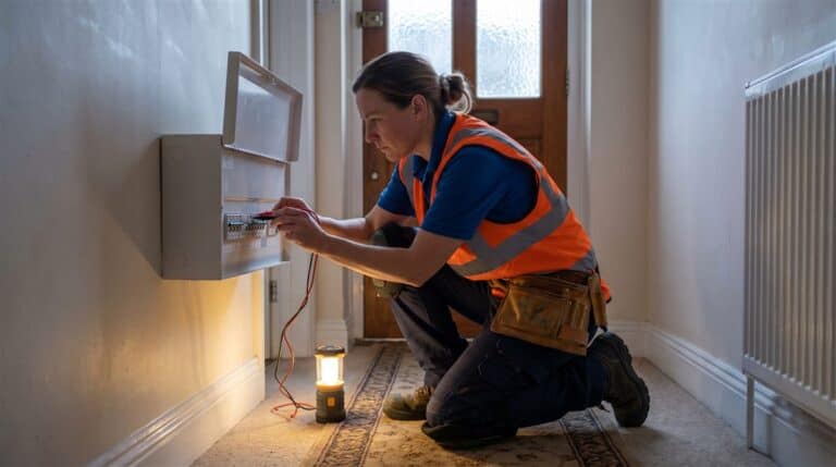 Electrician testing a newly fitted consumer unit, work notifiable under Part P electrical regulations