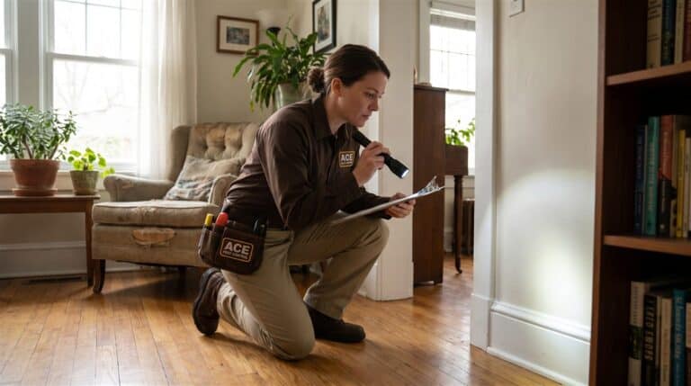 Pest control technician inspecting a baseboard with a flashlight inside a home