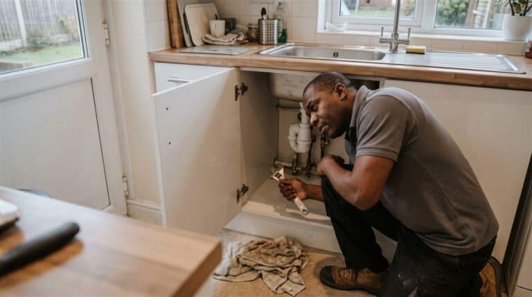 Plumber working on waste pipework under a kitchen sink in a UK home
