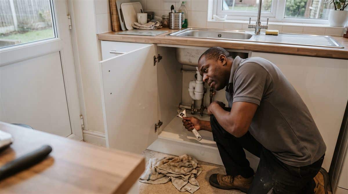 Plumber working on waste pipework under a kitchen sink in a UK home