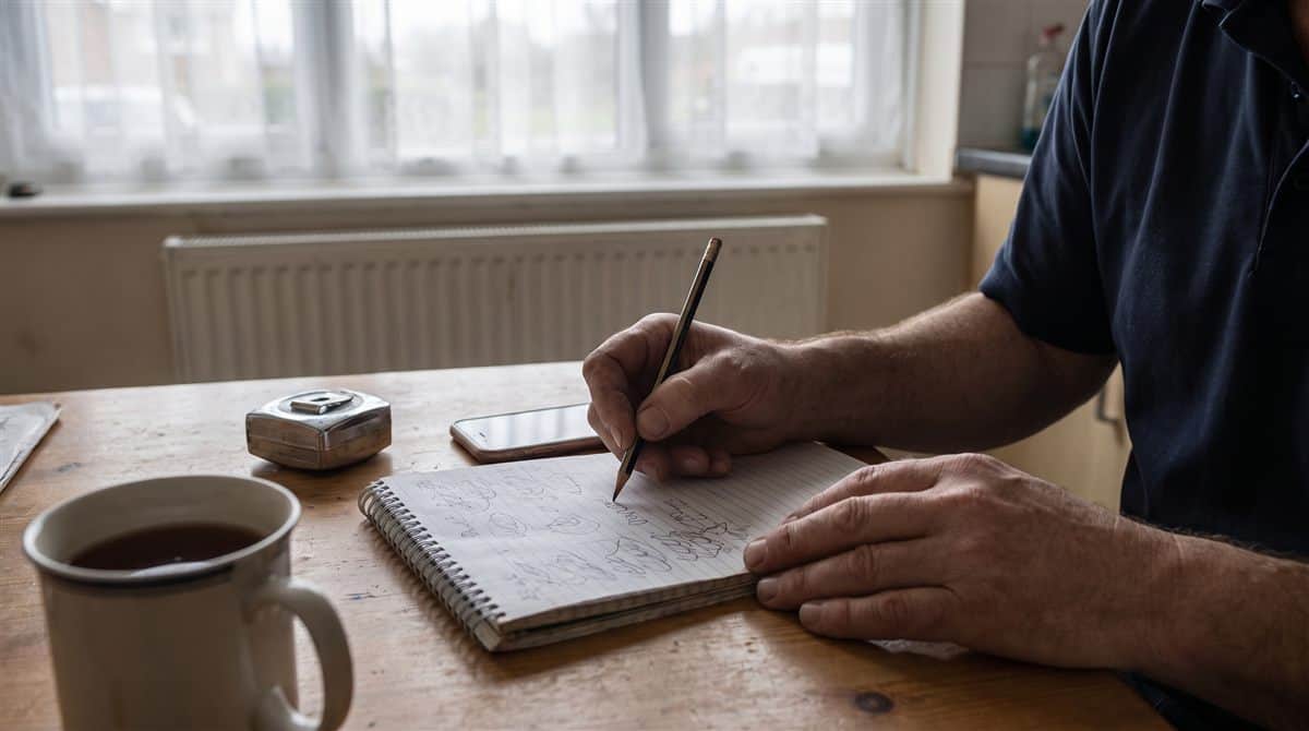 Tradesperson writing up a job quote by hand at a UK kitchen table