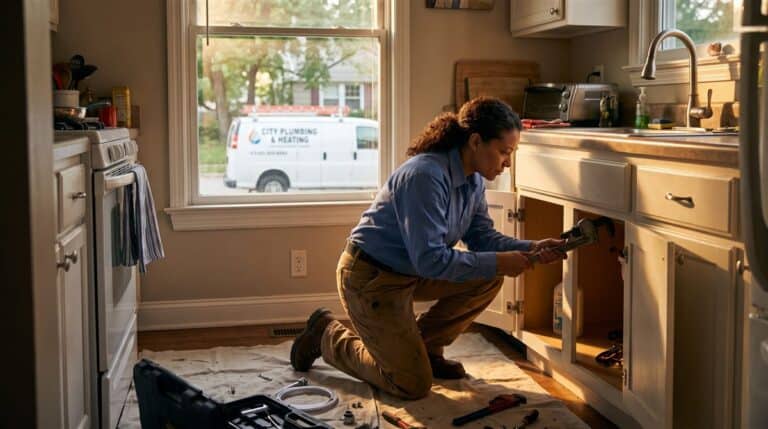 Plumber turning a wrench under a kitchen sink with a work van parked outside