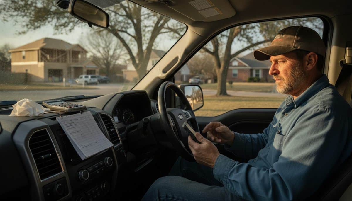 Self-employed contractor working through his quarterly estimated taxes on a phone in a pickup truck at a job site