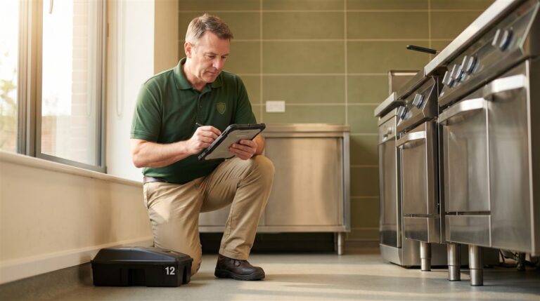 Commercial pest control technician logging a bait-station inspection on a tablet in a commercial kitchen
