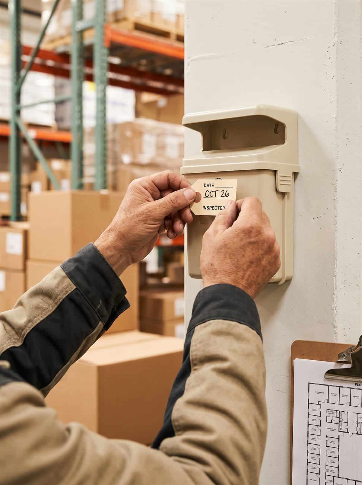 Technician attaching a dated inspection tag to a monitoring device during a documented commercial round
