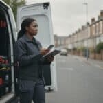 Tradeswoman checking UK trade rates on a clipboard beside her open work van