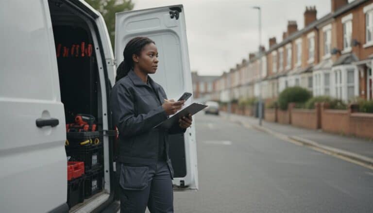 Tradeswoman checking UK trade rates on a clipboard beside her open work van
