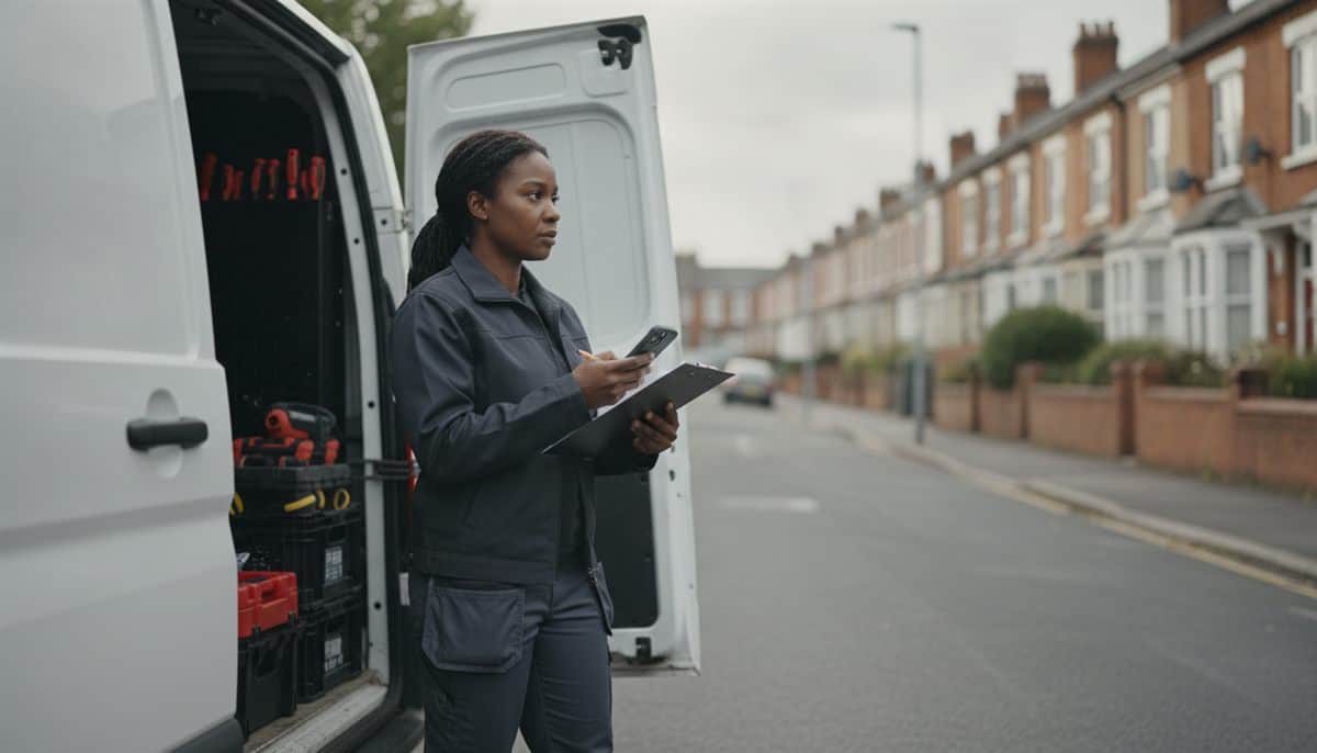 Tradeswoman checking UK trade rates on a clipboard beside her open work van
