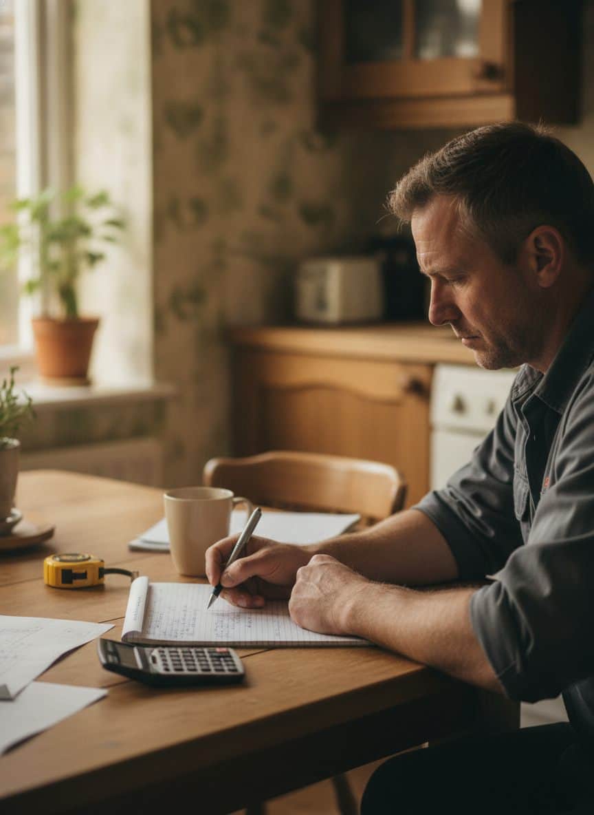 Tradesman checking UK trade rates and breaking a job down into parts on a notepad