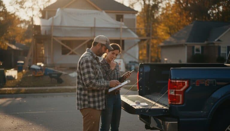 A contractor and a subcontractor check paperwork at a pickup tailgate outside a half-renovated house.