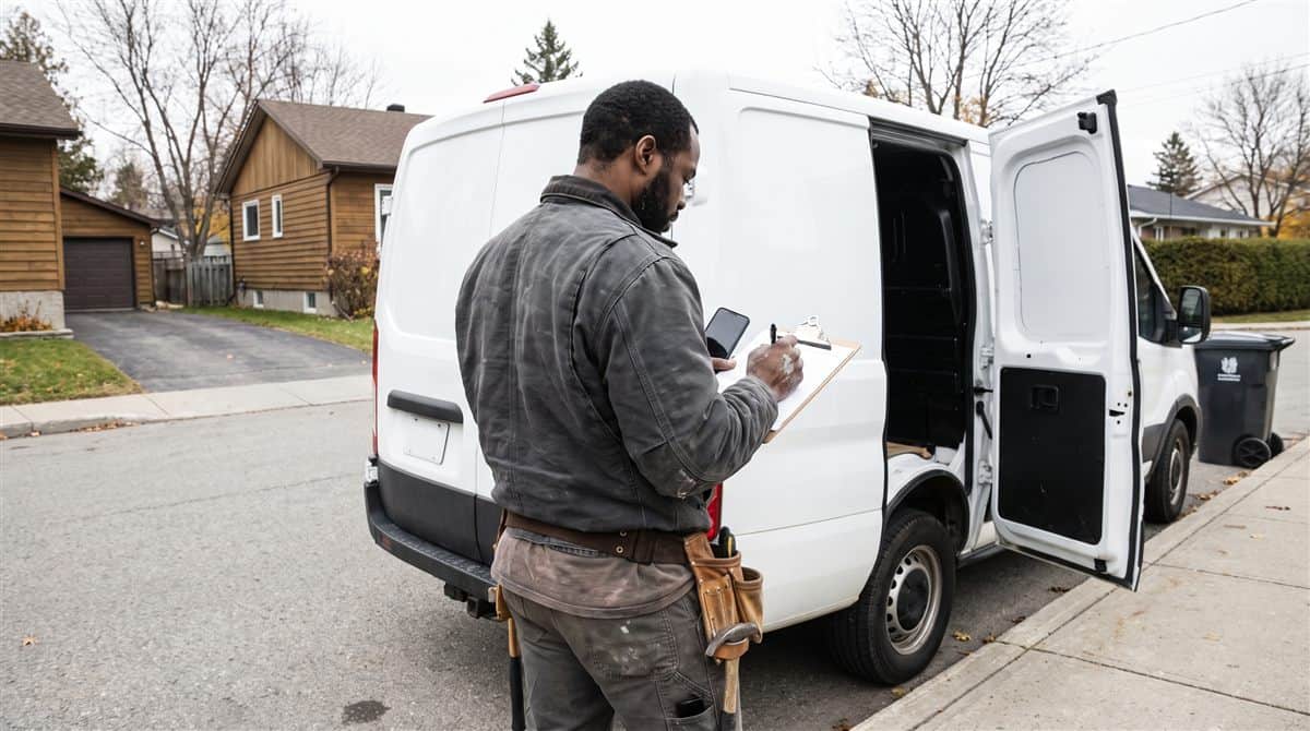 Contractor writing up a job sheet at the open rear doors of his work van on a suburban street