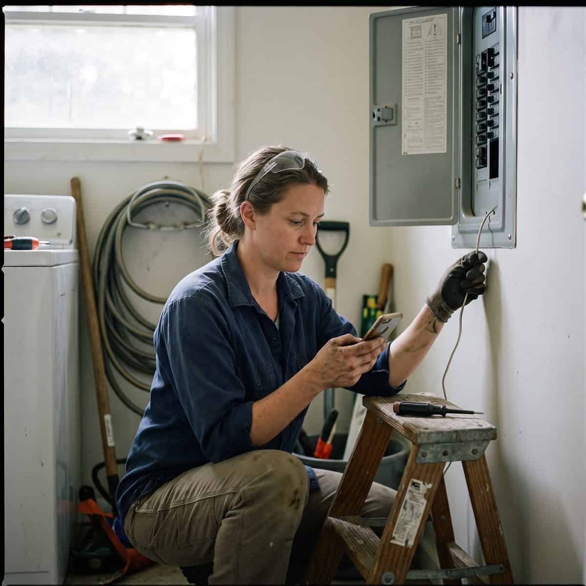Electrician working at a residential breaker panel while checking job details on her phone
