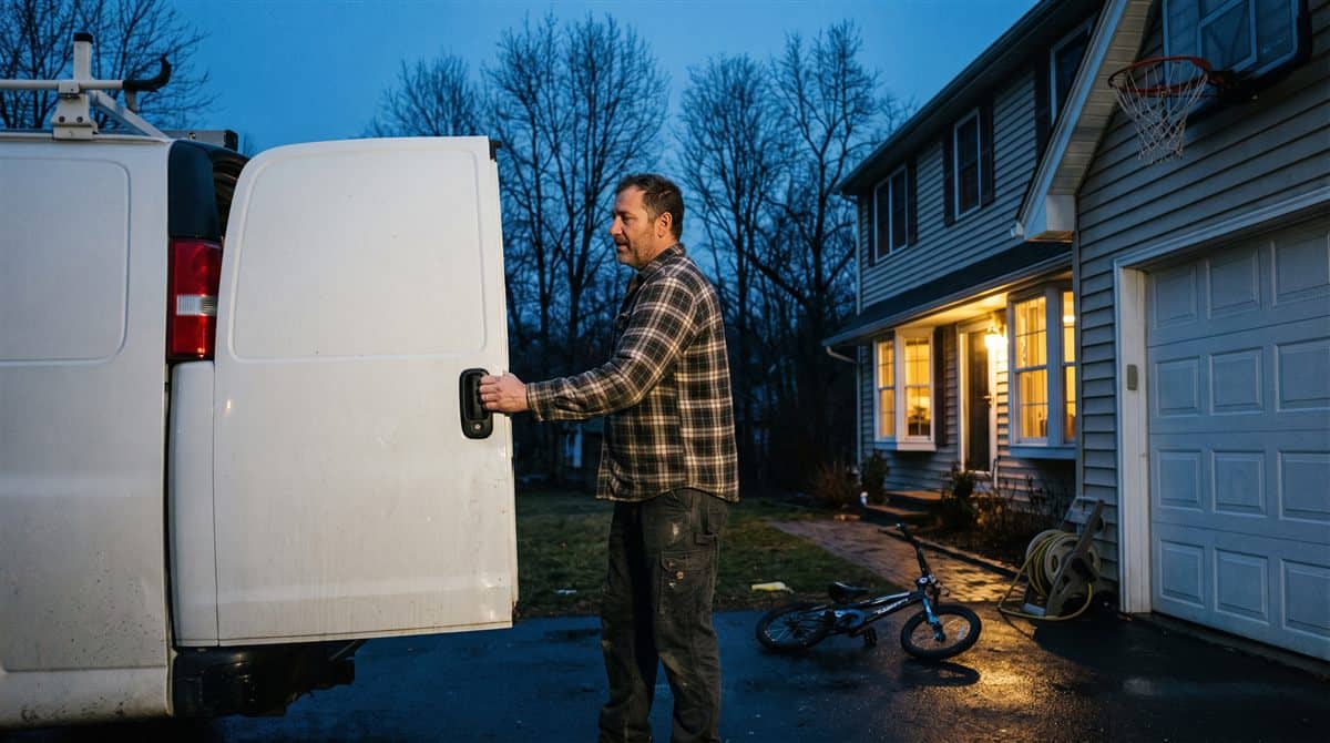 Contractor closing his van doors on the driveway at dusk with the house lights on behind him