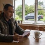 Roofer reads a letter at the kitchen table with a coffee, his ute parked outside the window