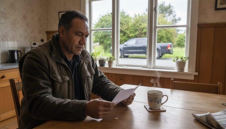 Roofer reads a letter at the kitchen table with a coffee, his ute parked outside the window