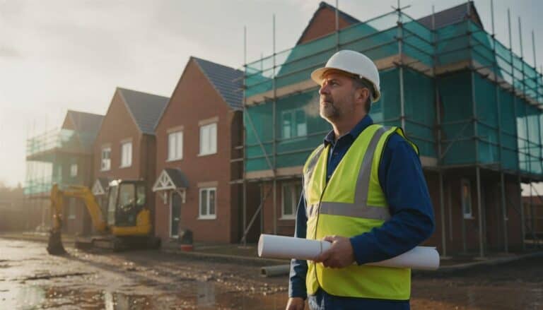 Site manager in hi-vis and hard hat holding drawings in front of four part-built brick houses