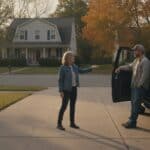Homeowner gesturing toward her house while talking to a contractor standing at his open pickup truck door