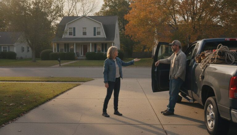 Homeowner gesturing toward her house while talking to a contractor standing at his open pickup truck door