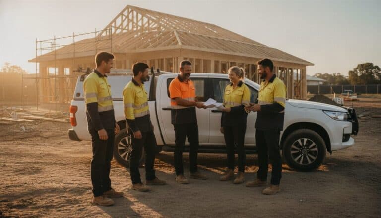 Plumbing business owner hands out letters to his crew beside a ute on a Brisbane building site