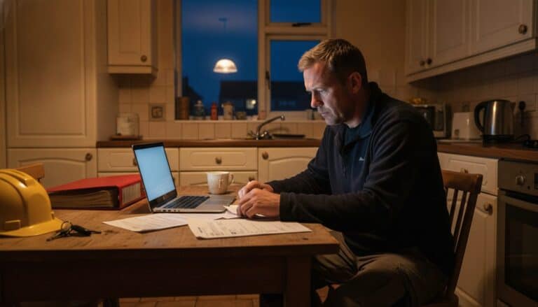 Tradesman in a work fleece at a kitchen table at night with a laptop, ring binder and hard hat