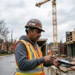Ontario general contractor reviewing a progress invoice on a tablet at a Toronto construction site, where the Construction Act holdback accrues