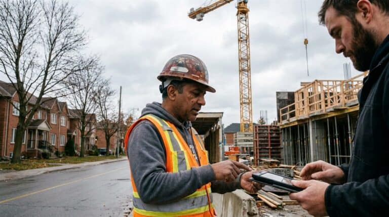 Ontario general contractor reviewing a progress invoice on a tablet at a Toronto construction site, where the Construction Act holdback accrues