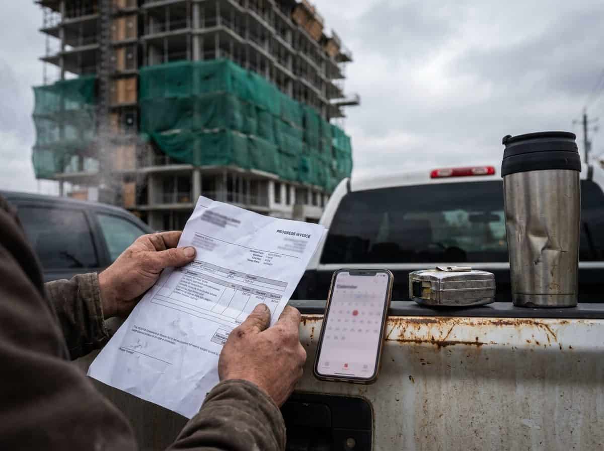 Subcontractor at a pickup tailgate below a Toronto condo tower, checking a progress invoice against the Construction Act holdback still owed