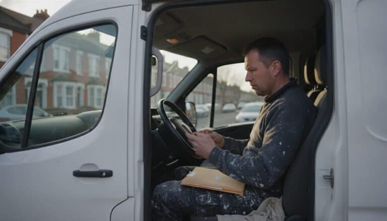 Plasterer in dusty work clothes checks his phone in the driver seat of his van