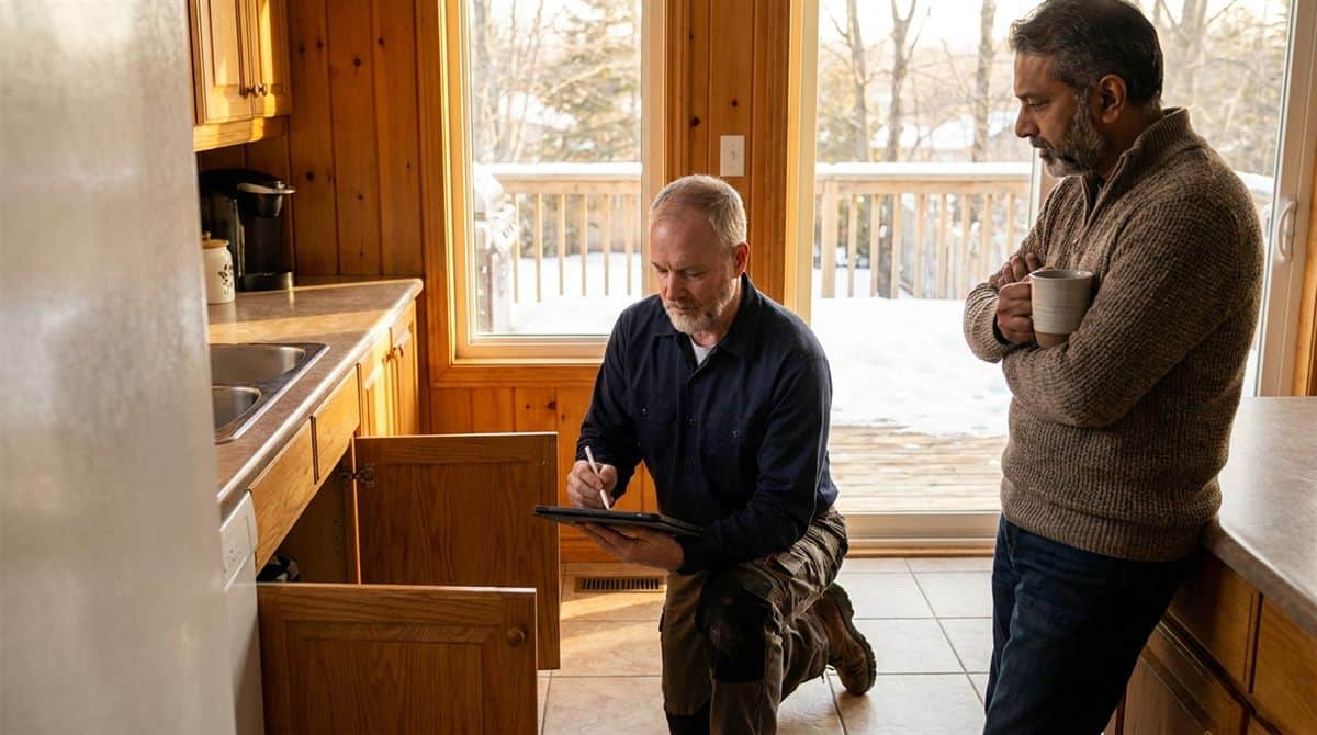 Plumber writing a quote on a tablet in an Ottawa kitchen while the homeowner listens, the moment contractor hourly rates get set