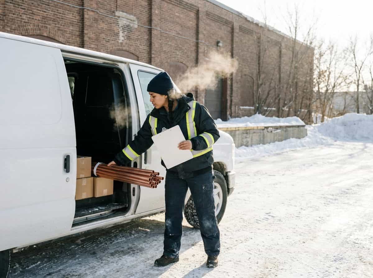 Plumbing contractor loading copper pipe into a service van at a winter supply yard, the overhead that sits behind hourly rates