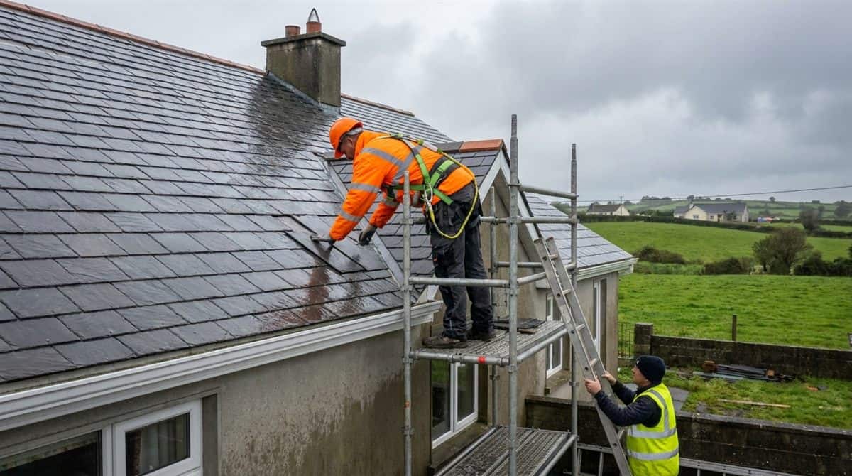 Roofer in a harness replacing slates on a Wexford semi-detached house while a helper steadies the ladder