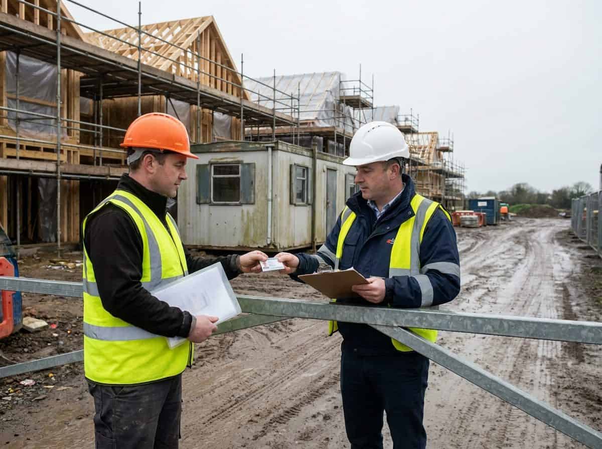 Subcontractor handing his contractor insurance certificate and Safe Pass to a site manager at an Irish site gate