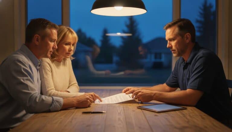 HVAC contractor in a navy polo slides a printed contract across a kitchen table to a homeowner couple at dusk