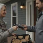 Plumber in a grey work jacket hands a card payment terminal to a smiling homeowner on her front porch