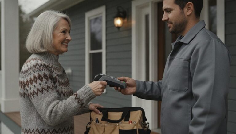 Plumber in a grey work jacket hands a card payment terminal to a smiling homeowner on her front porch