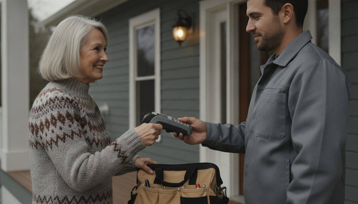 Plumber in a grey work jacket hands a card payment terminal to a smiling homeowner on her front porch