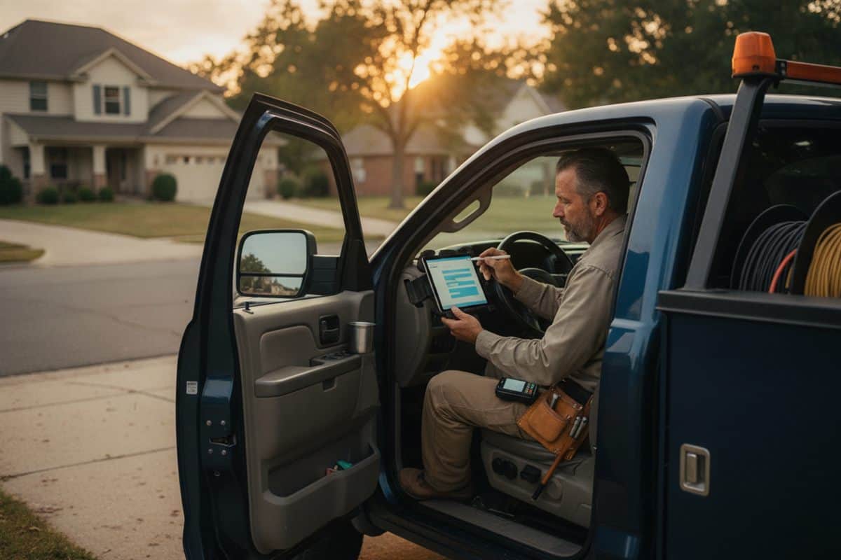 Electrician sitting in his pickup truck with the door open, reviewing an invoice on a dashboard tablet at sunset