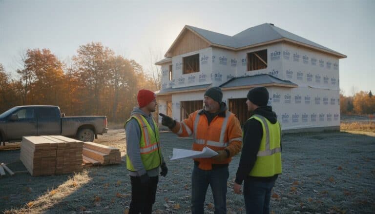 Contractor in an orange hi-vis jacket briefing two crew members outside a half-built house on a frosty morning