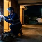 Electrician wearing a head torch works on a switchboard in a garage at night, his ute outside