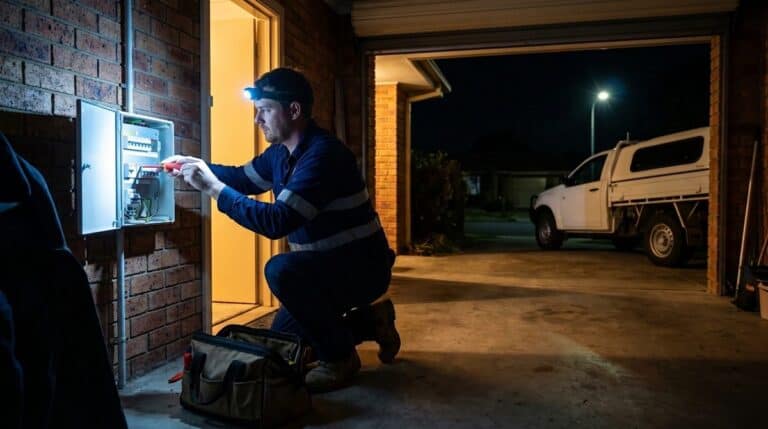 Electrician wearing a head torch works on a switchboard in a garage at night, his ute outside