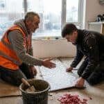 Tiler showing a young helper how to set a floor tile in a Dublin kitchen renovation