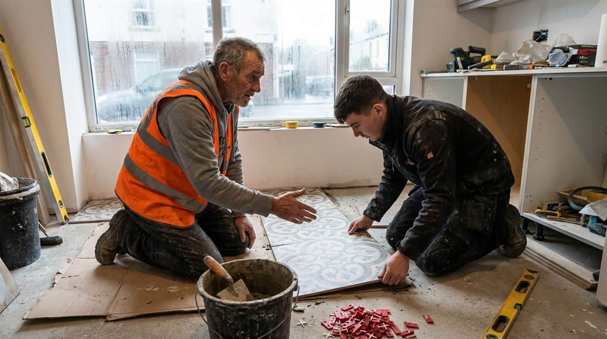 Tiler showing a young helper how to set a floor tile in a Dublin kitchen renovation