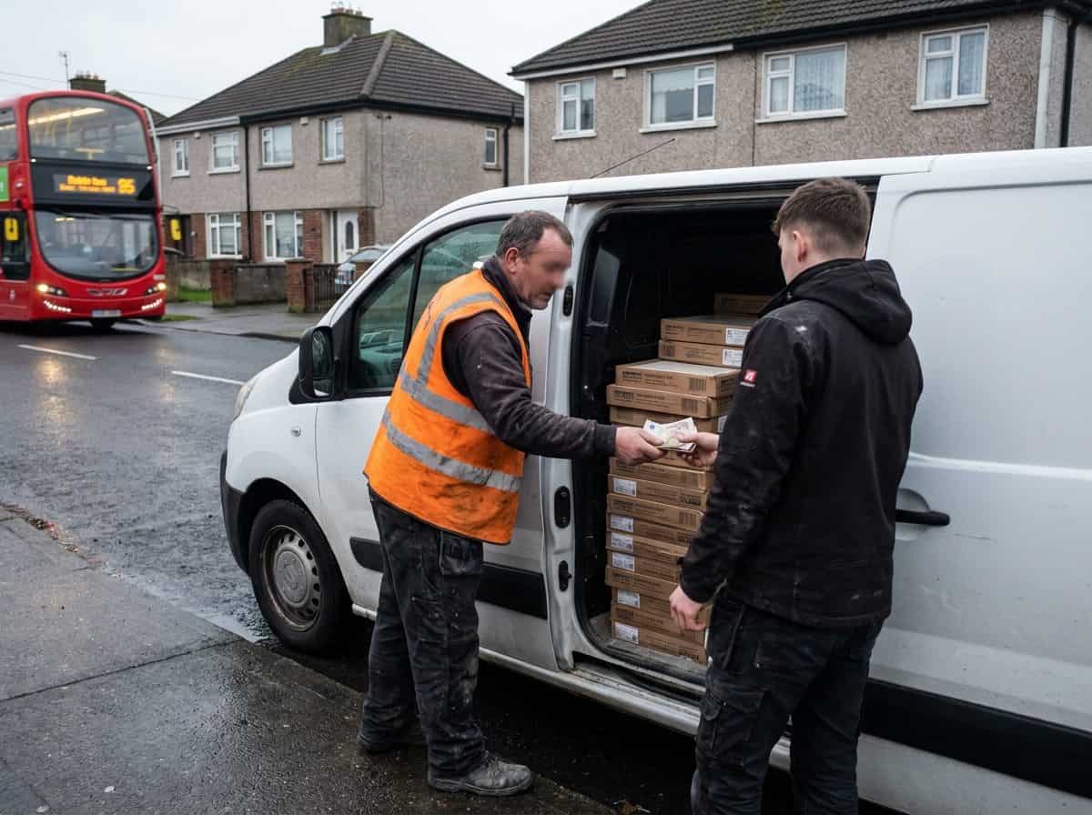 Tiler handing Friday cash to his helper beside a van of tiles on a Tallaght street, the arrangement employer PRSI rules now test