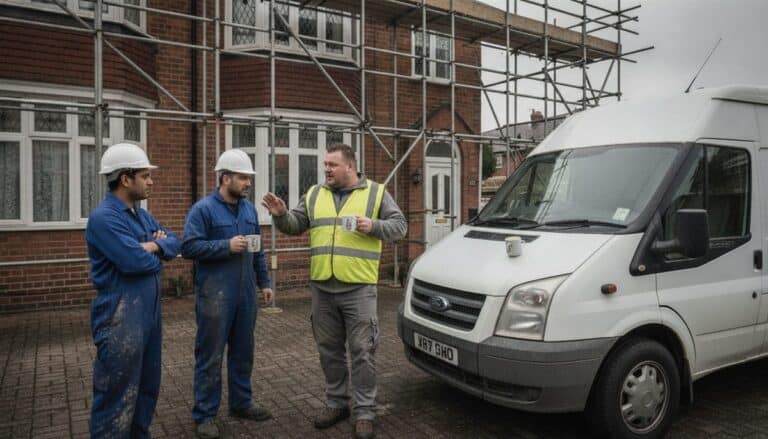 Builder in hi-vis talks with two workers beside a white Transit outside a scaffolded semi